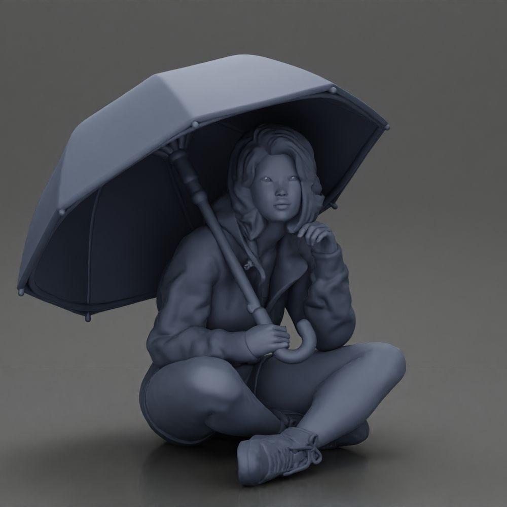 Diorama Modellbau Produktfoto 6: Diorama-Miniatur: Sitzende Frau in Jacke und Shorts mit offenem Regenschirm (Ref Nr. A85)