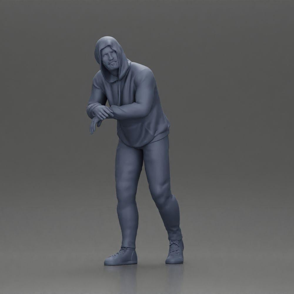 Diorama Modellbau Produktfoto 6: Diorama-Figur: Mann mit Kapuze, Hände am Auto, leicht nach vorn geneigt (Ref Nr. A115)