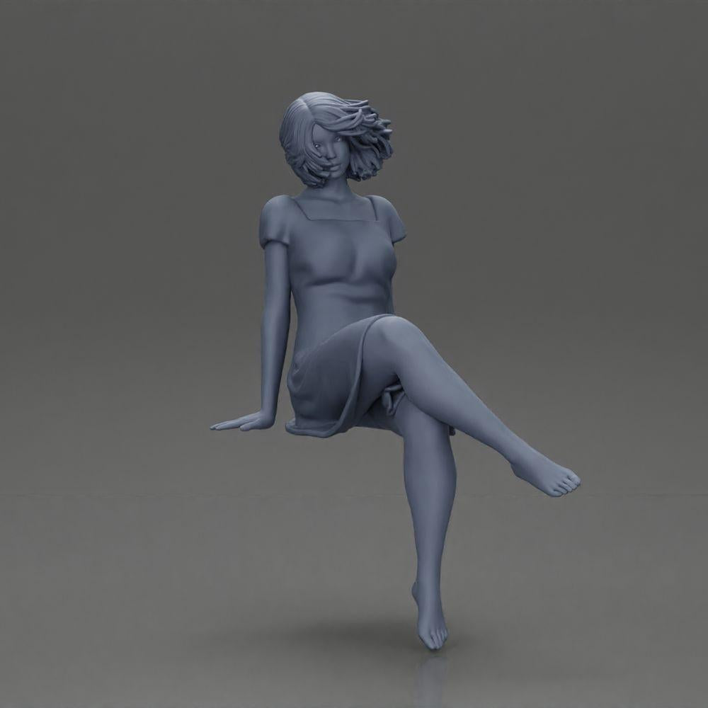 Diorama Modellbau Produktfoto 6: Diorama Miniaturfigur: Sitzende Frau im Kleid, barfuß, kurzes Haar im Wind (Ref Nr. A95)