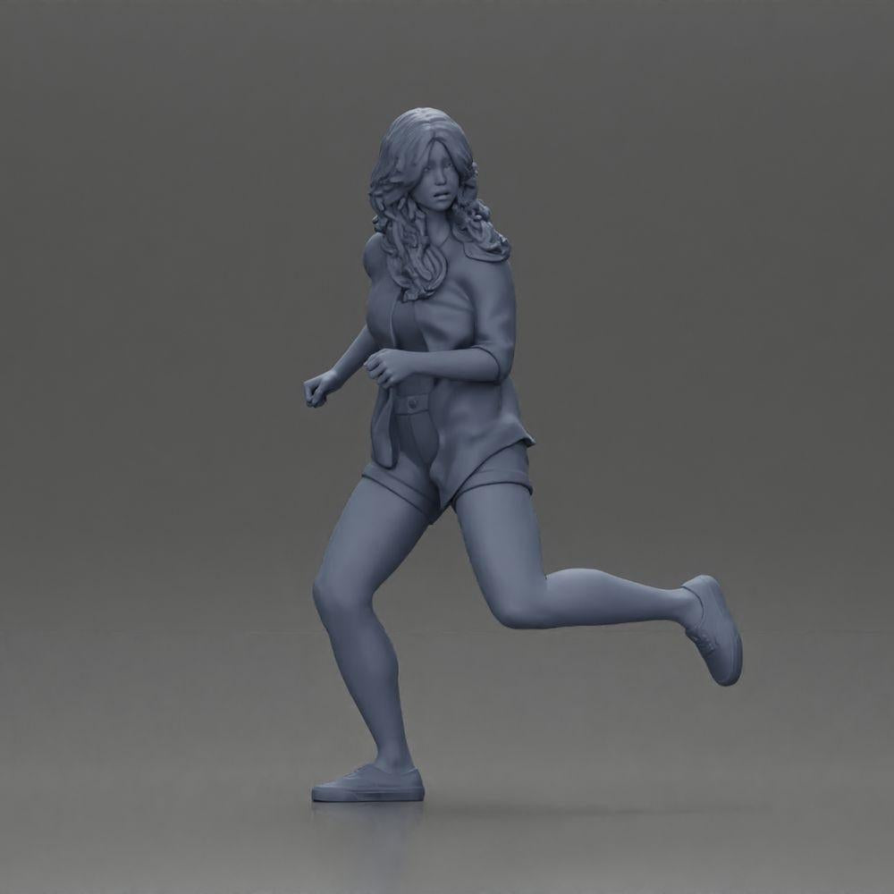 Diorama Modellbau Produktfoto 6: Diorama-Figur: Laufende junge Frau mit offenem Hemd & Shorts, entschlossen (Ref Nr. A102)