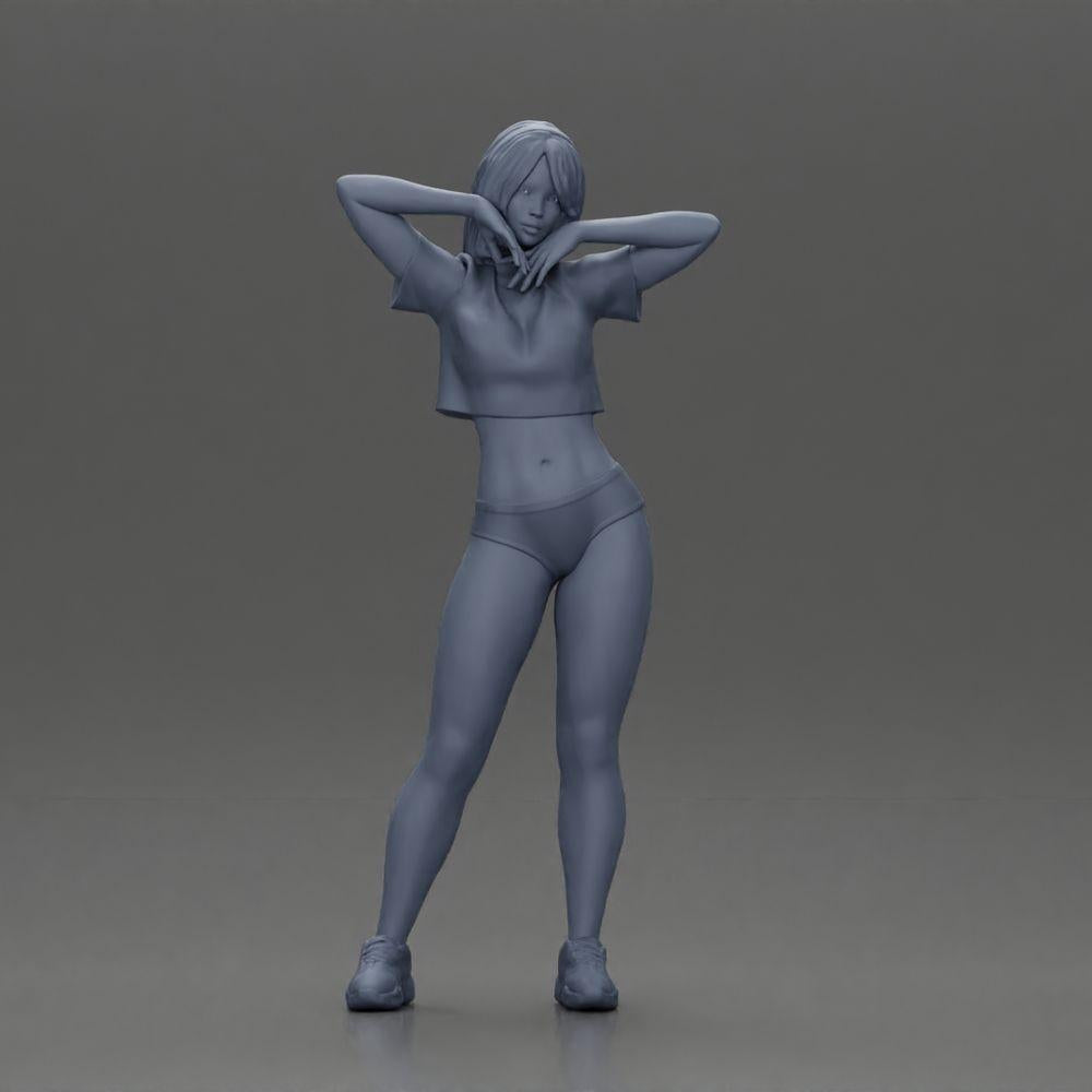 Diorama Modellbau Produktfoto 6: Diorama-Miniatur: Weibliche Figur im Bikini, kurzes Shirt & Haarband, posierend (Ref Nr. A97)