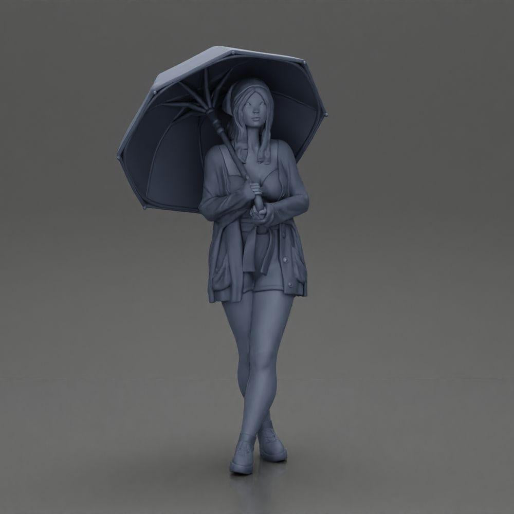Diorama Modellbau Produktfoto 6: Weibliche Diorama-Figur in offener Strickjacke und kurzen Hosen mit Regenschirm (Ref Nr. A92)
