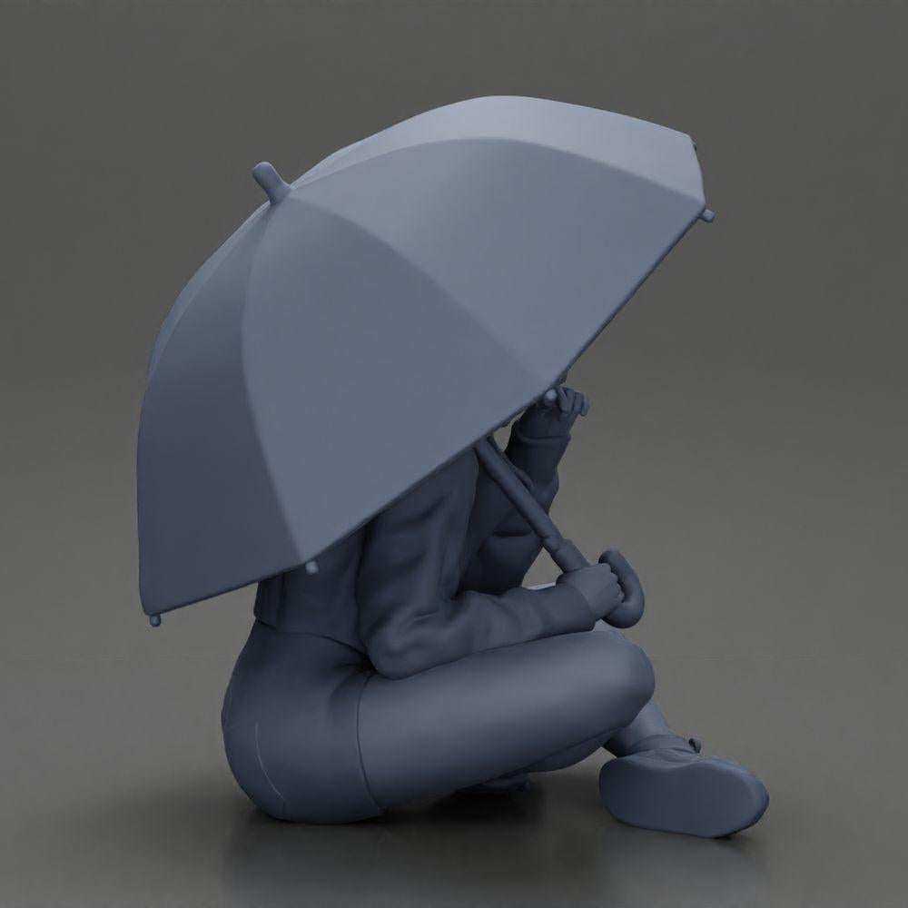 Diorama Modellbau Produktfoto 7: Diorama-Miniatur: Sitzende Frau in Jacke und Shorts mit offenem Regenschirm (Ref Nr. A85)