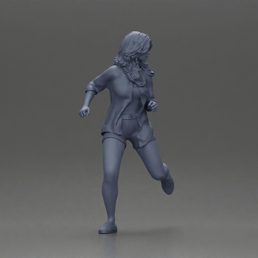 Diorama Modellbau Produktfoto 7: Diorama-Figur: Laufende junge Frau mit offenem Hemd & Shorts, entschlossen (Ref Nr. A102)