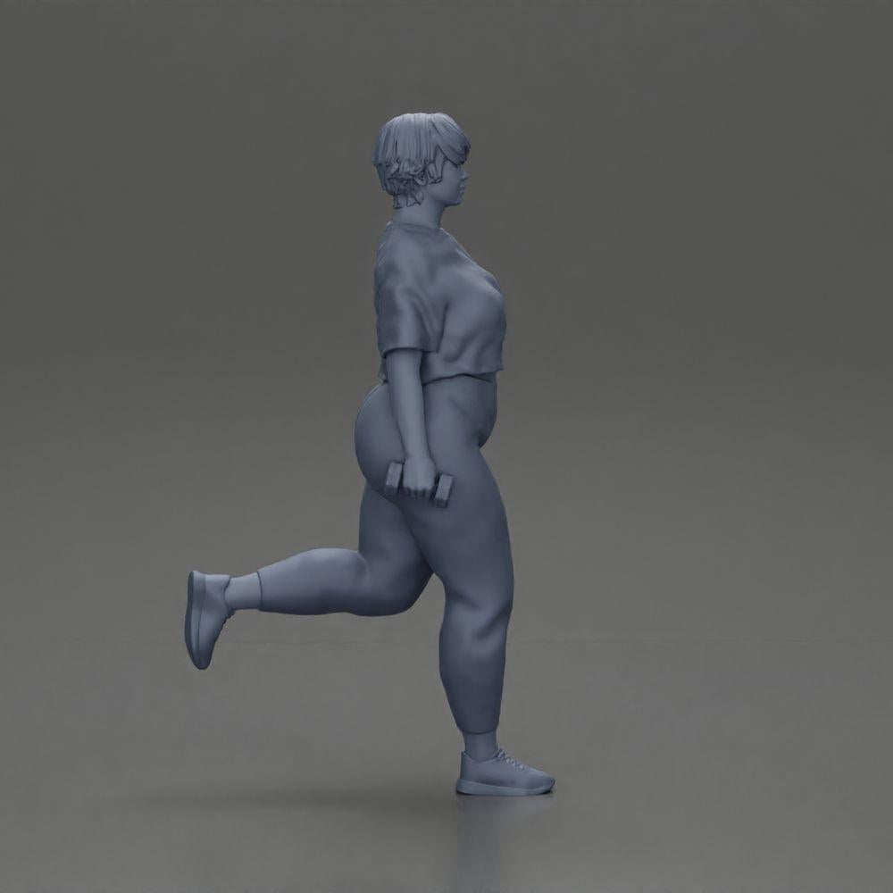 Diorama Modellbau Produktfoto 7: Dioramafigur: kräftige Frau im Fitness-Outfit, einbeinige Übung mit Kurzhanteln (Ref Nr. A105)