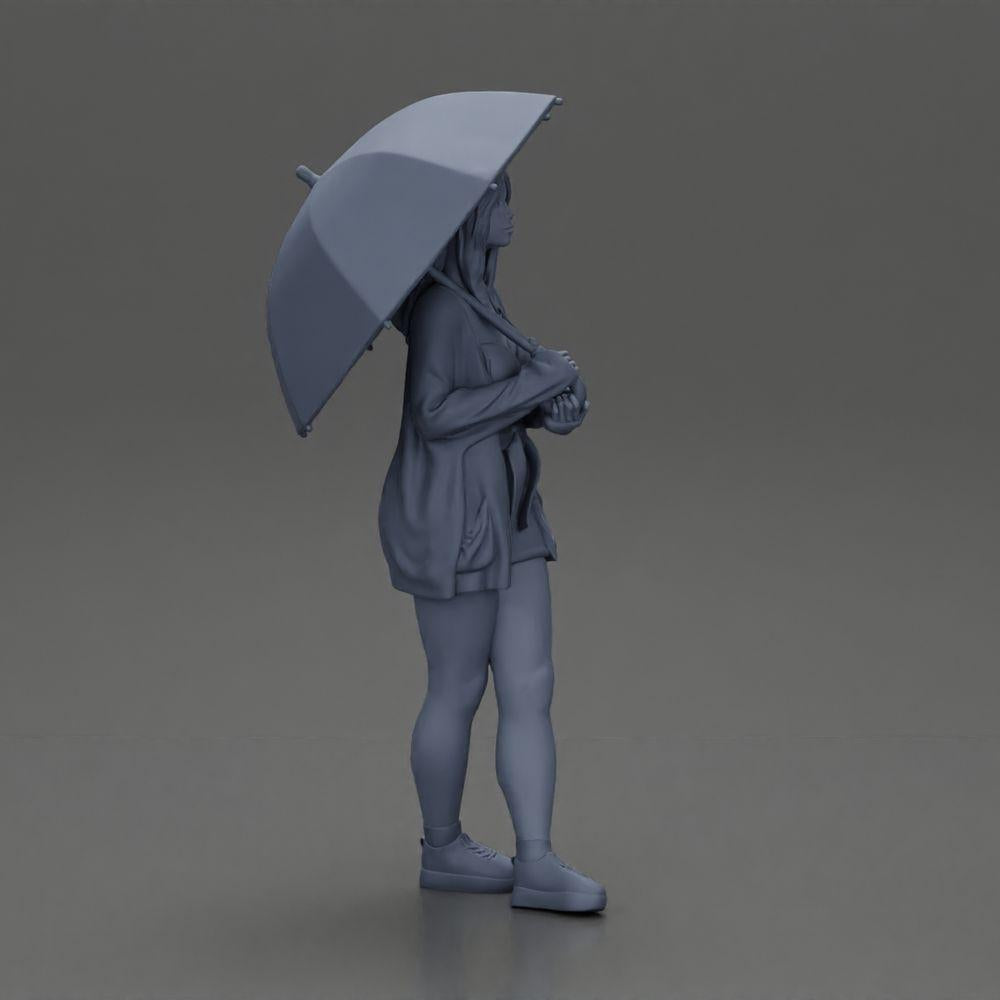 Diorama Modellbau Produktfoto 7: Weibliche Diorama-Figur in offener Strickjacke und kurzen Hosen mit Regenschirm (Ref Nr. A92)