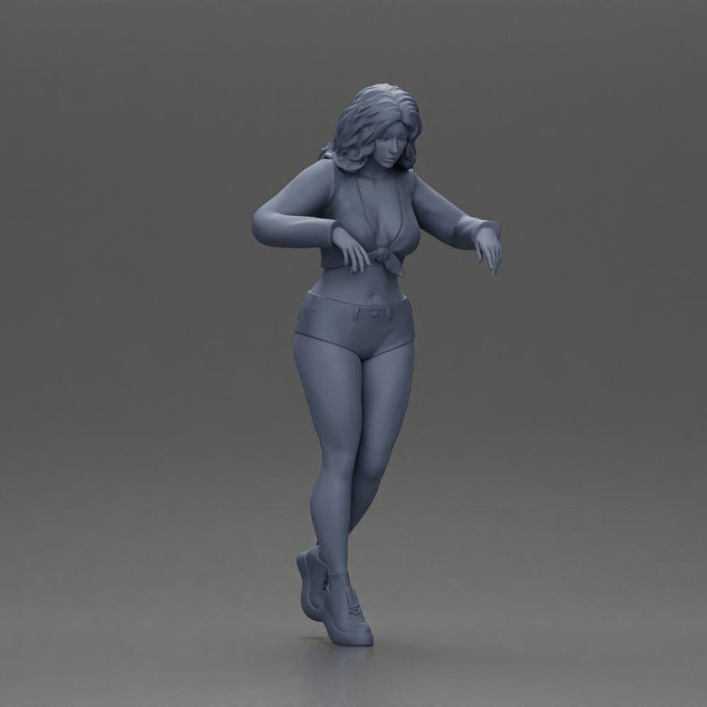 Diorama Modellbau Produktfoto 7: Weibliche Diorama-Figur in Minirock und Shorts, am Treppenrand stehend (Ref Nr. A73)