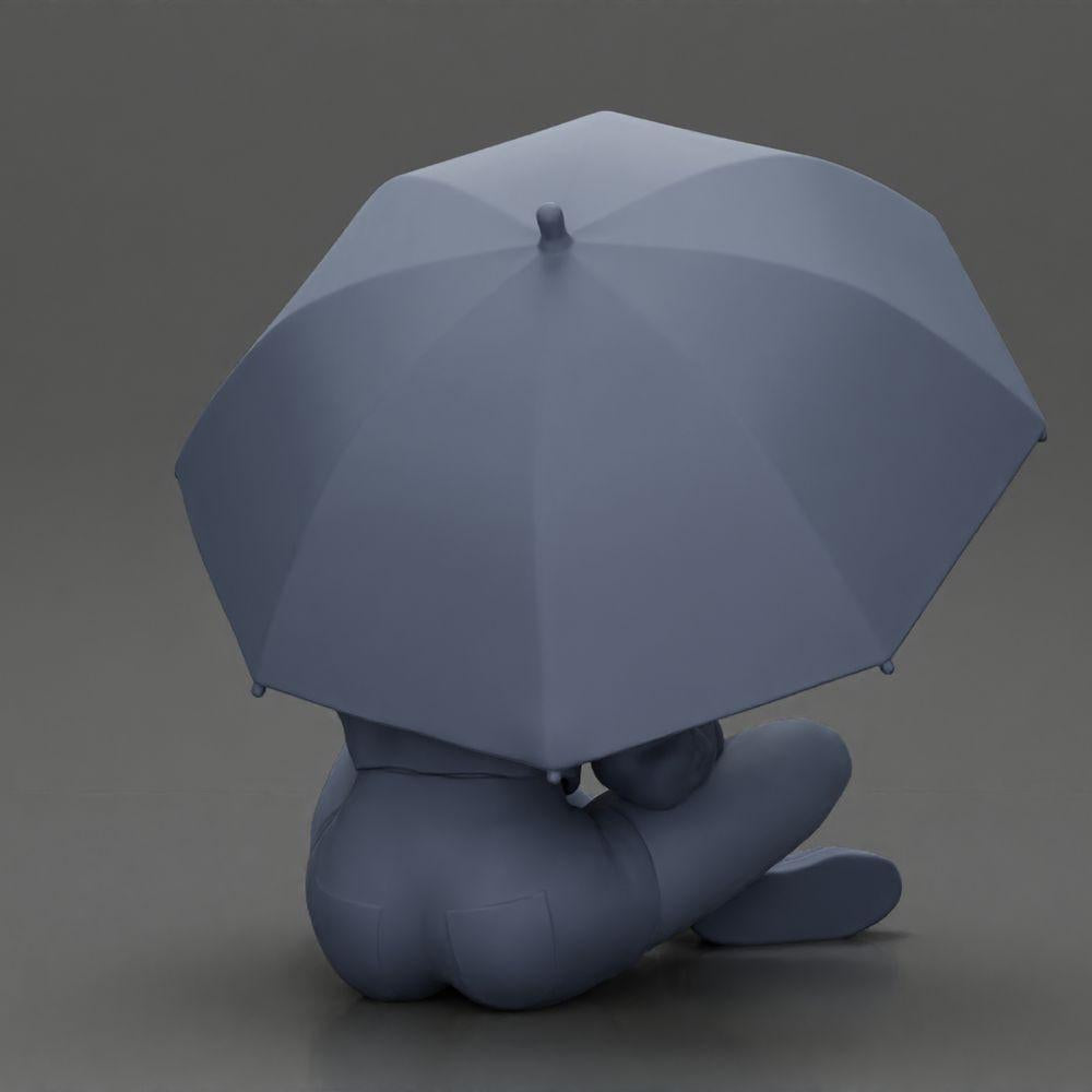Diorama Modellbau Produktfoto 8: Diorama-Miniatur: Sitzende Frau in Jacke und Shorts mit offenem Regenschirm (Ref Nr. A85)