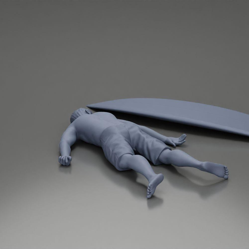 Diorama Modellbau Produktfoto 8: Diorama-Miniatur: Liegende Person bäuchlings neben Surfbrett mit Finnen (Ref Nr. A66)