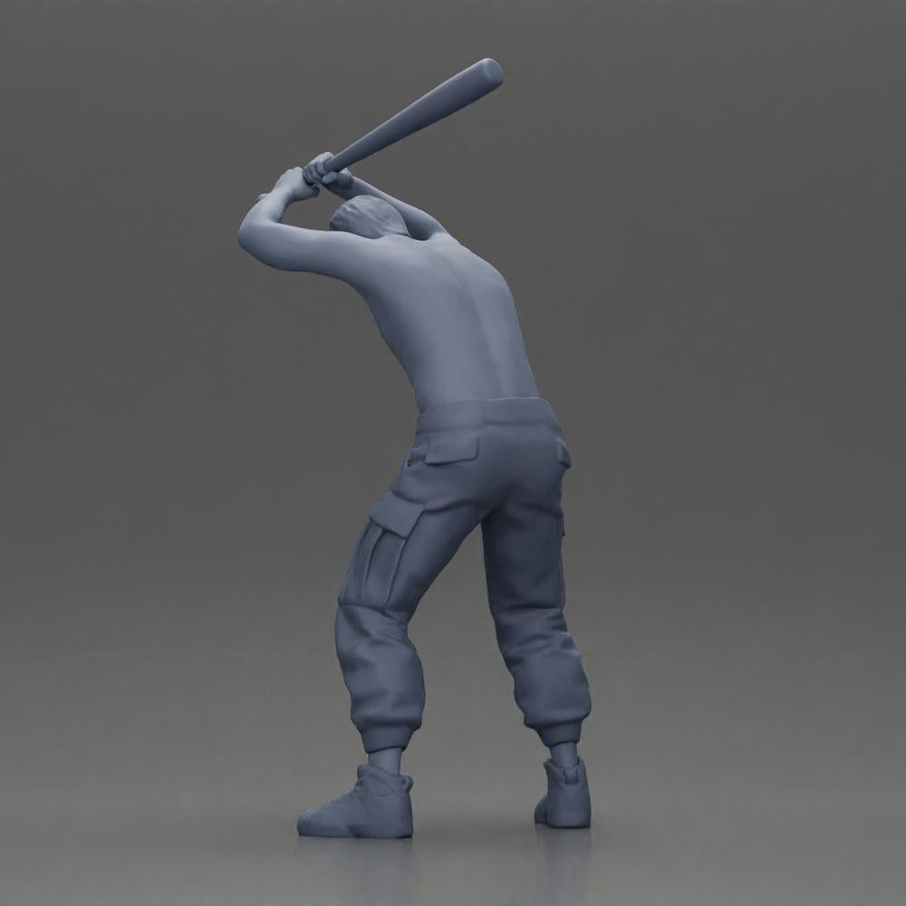 Diorama Modellbau Produktfoto 9: Stehende, oberkörperfreie Miniatur mit erhobenem Baseballschläger, aggressive Pose (Ref Nr. A89)