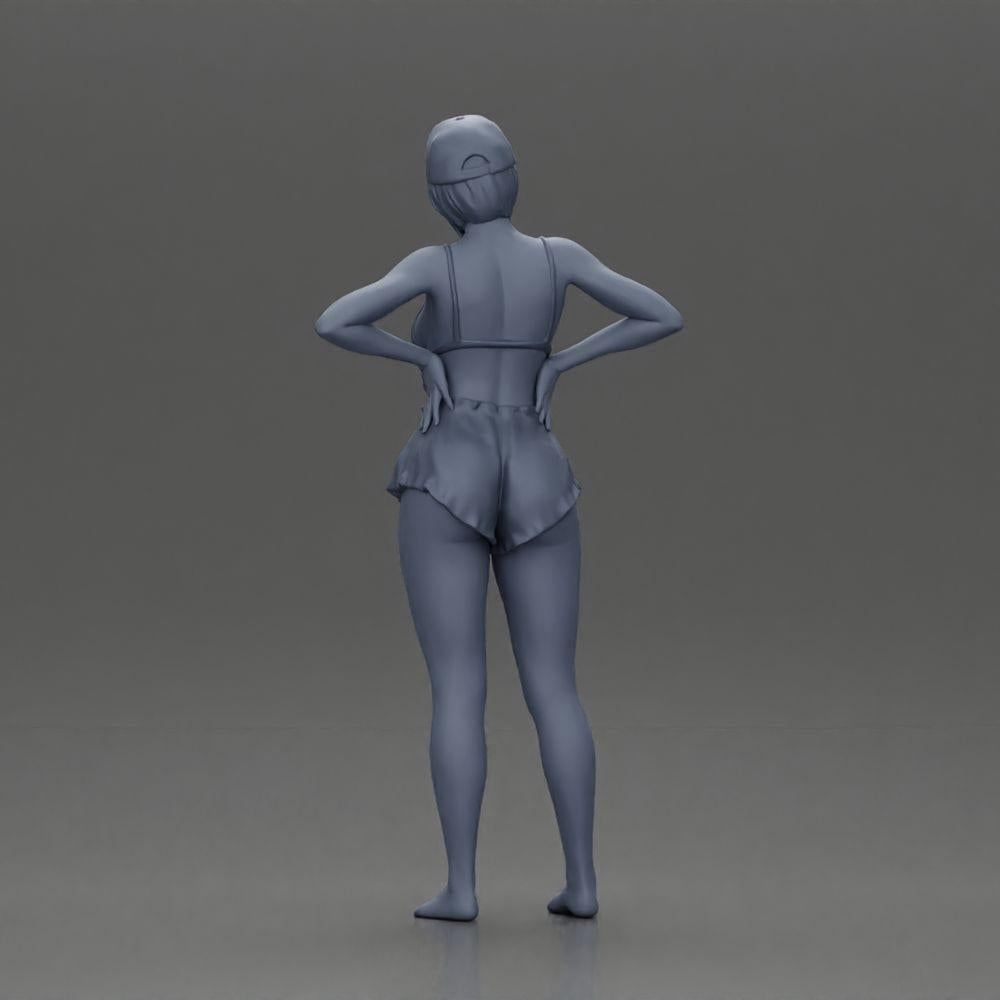 Diorama Modellbau Produktfoto 9: Diorama Figur: Stehende Miniaturfigur im Sommerlook mit Kappe, Shorts, barfuß am Strand (Ref Nr. A108)