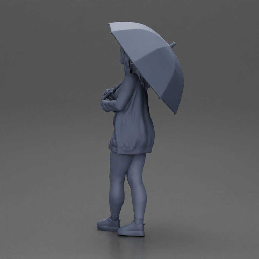 Diorama Modellbau Produktfoto 10: Weibliche Diorama-Figur in offener Strickjacke und kurzen Hosen mit Regenschirm (Ref Nr. A92)