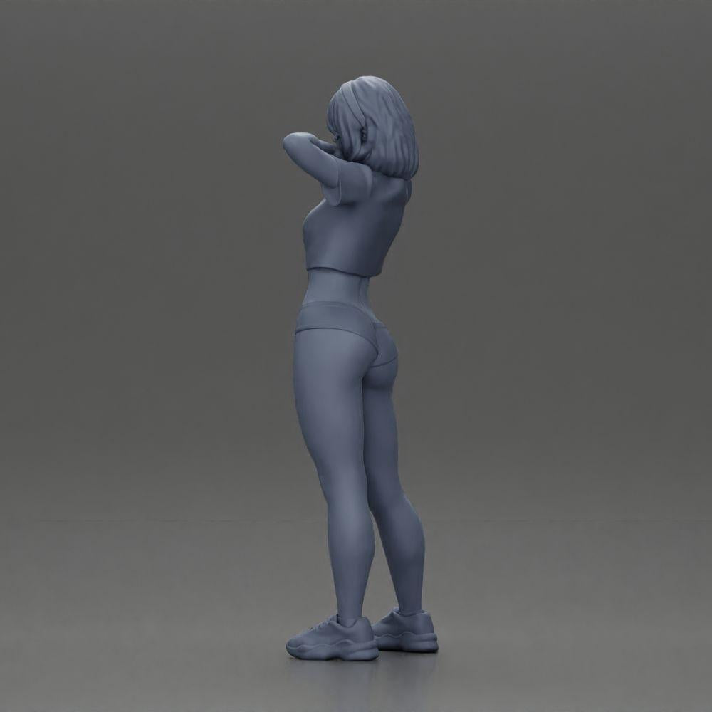 Diorama Modellbau Produktfoto 10: Diorama-Miniatur: Weibliche Figur im Bikini, kurzes Shirt & Haarband, posierend (Ref Nr. A97)