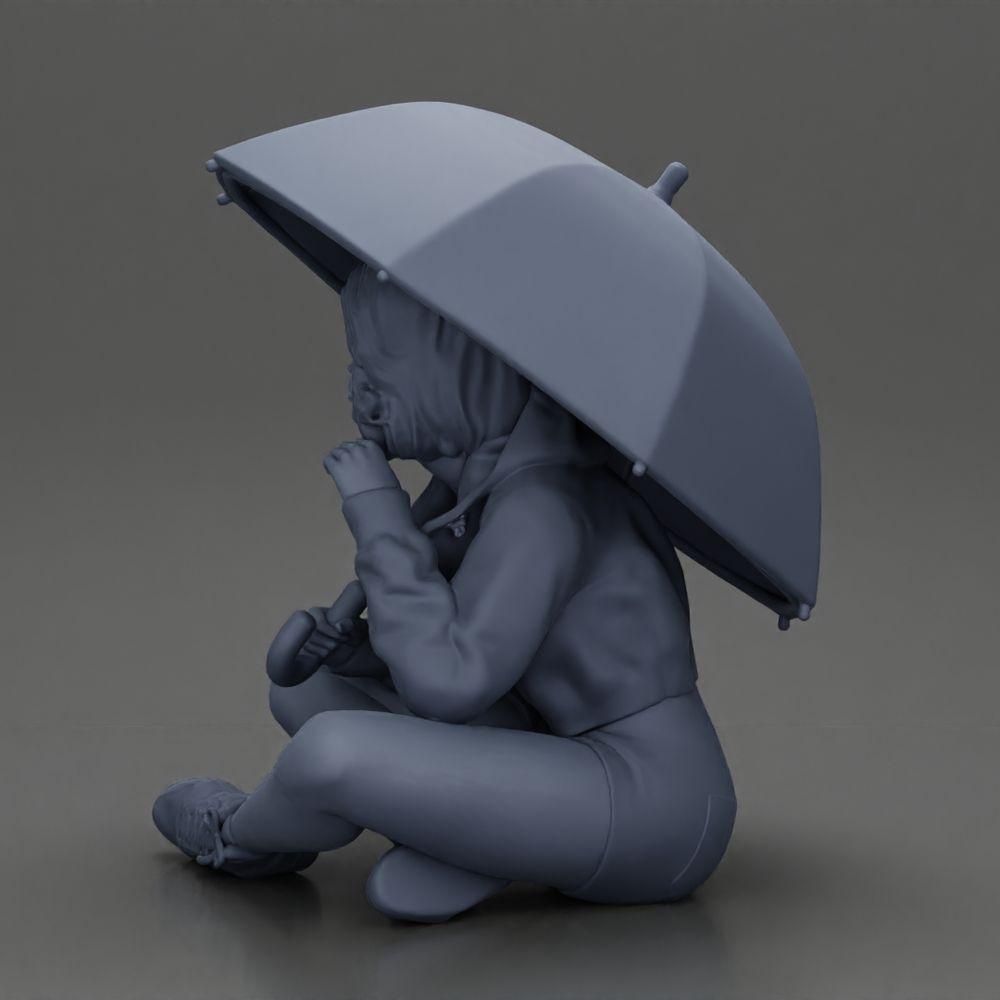 Diorama Modellbau Produktfoto 10: Diorama-Miniatur: Sitzende Frau in Jacke und Shorts mit offenem Regenschirm (Ref Nr. A85)