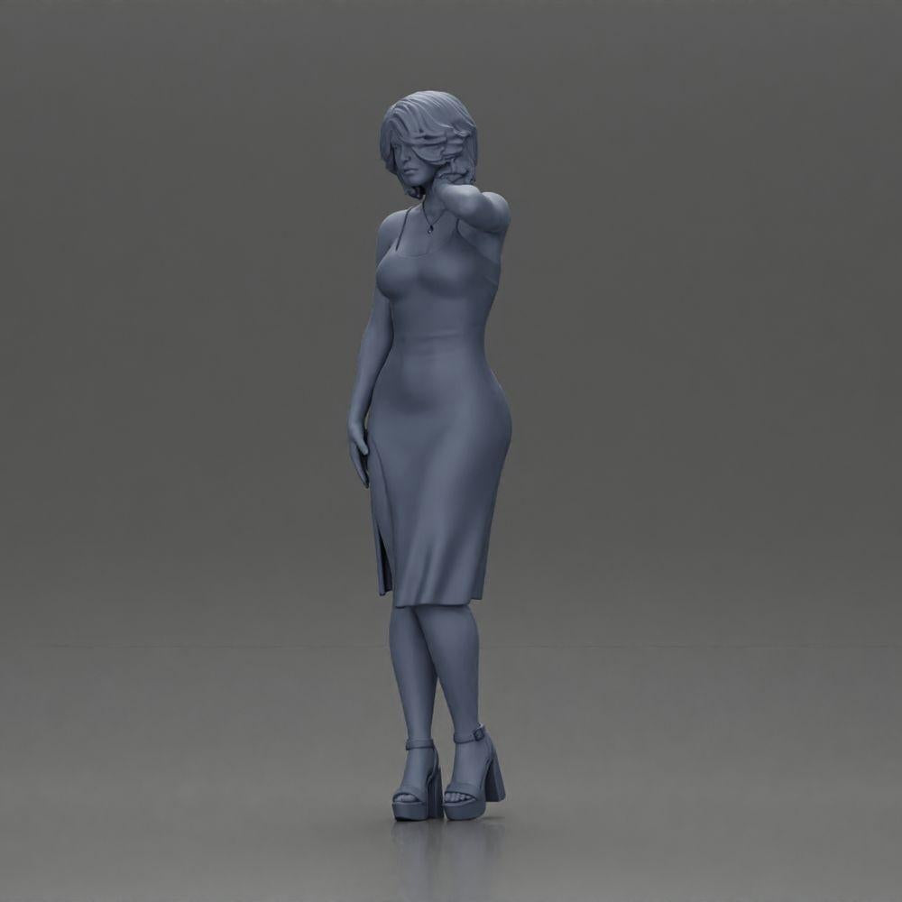 Diorama Modellbau Produktfoto 11: Weibliche Diorama-Figur im Mini-Kleid, kurzes Haar, Hand am Hals, Halskette (Ref Nr. A99)