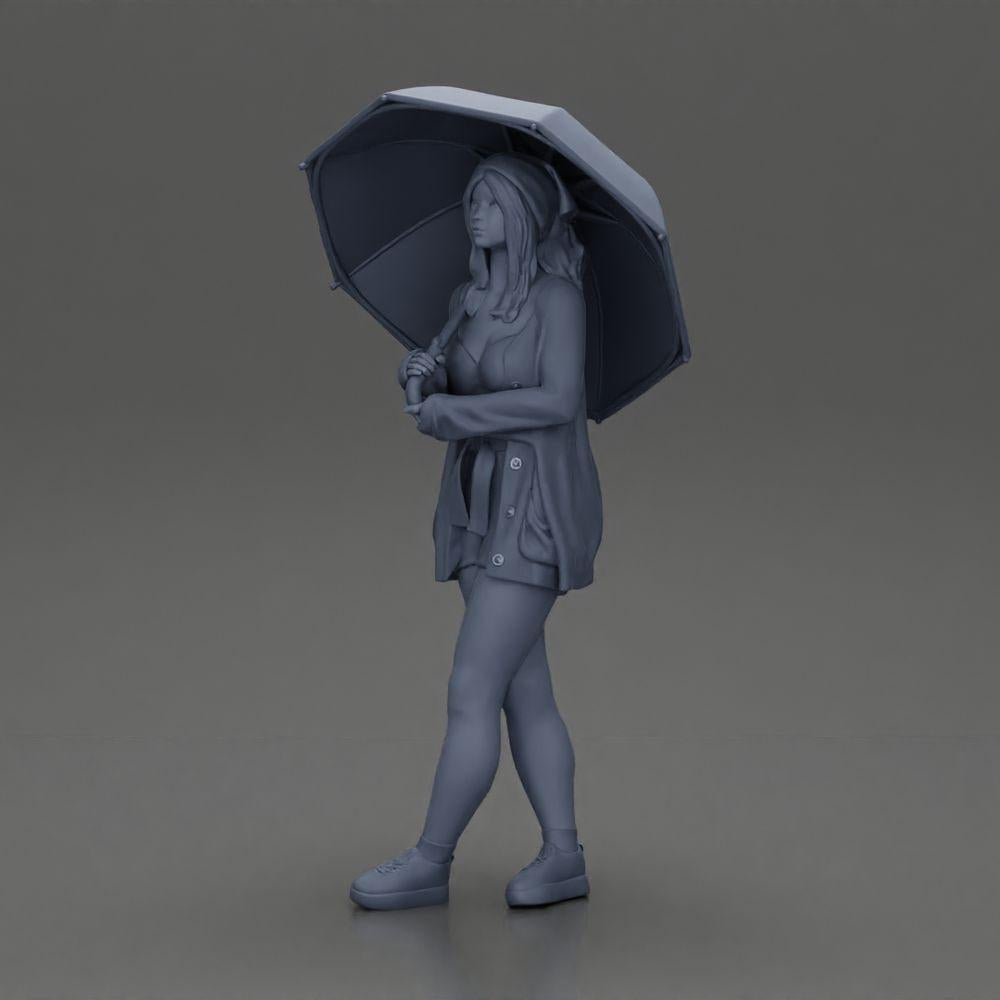 Diorama Modellbau Produktfoto 11: Weibliche Diorama-Figur in offener Strickjacke und kurzen Hosen mit Regenschirm (Ref Nr. A92)