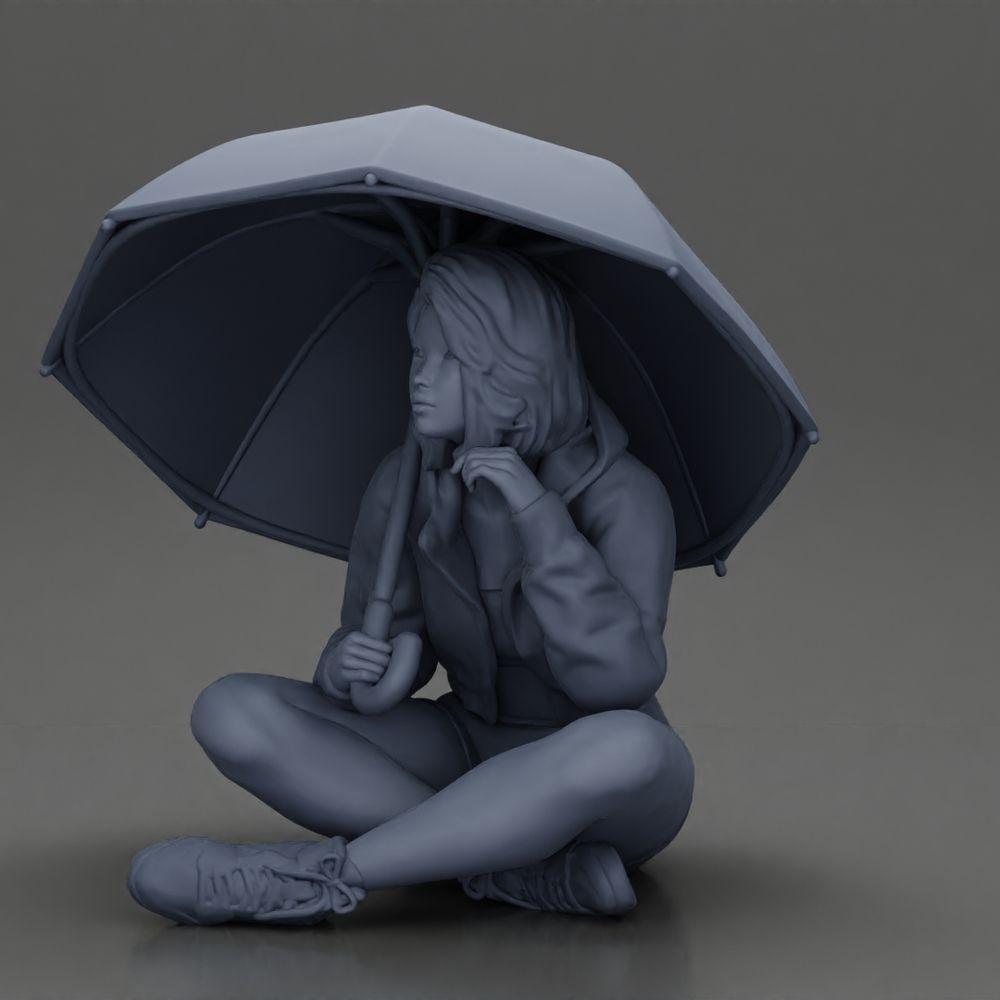 Diorama Modellbau Produktfoto 11: Diorama-Miniatur: Sitzende Frau in Jacke und Shorts mit offenem Regenschirm (Ref Nr. A85)