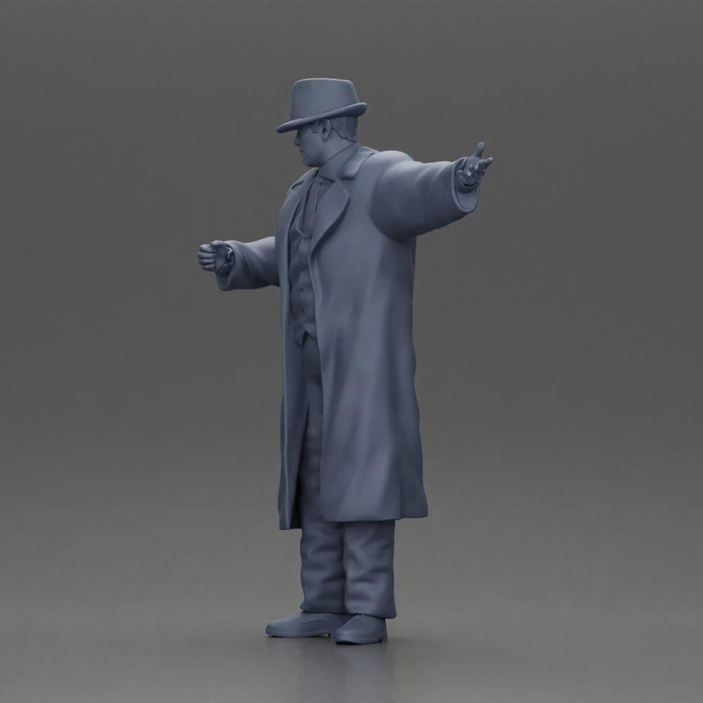 Diorama Modellbau Produktfoto 11: Diorama-Miniatur: Mafioso im Anzug und Mantel mit Hut, gestikulierend (Ref Nr. A94)