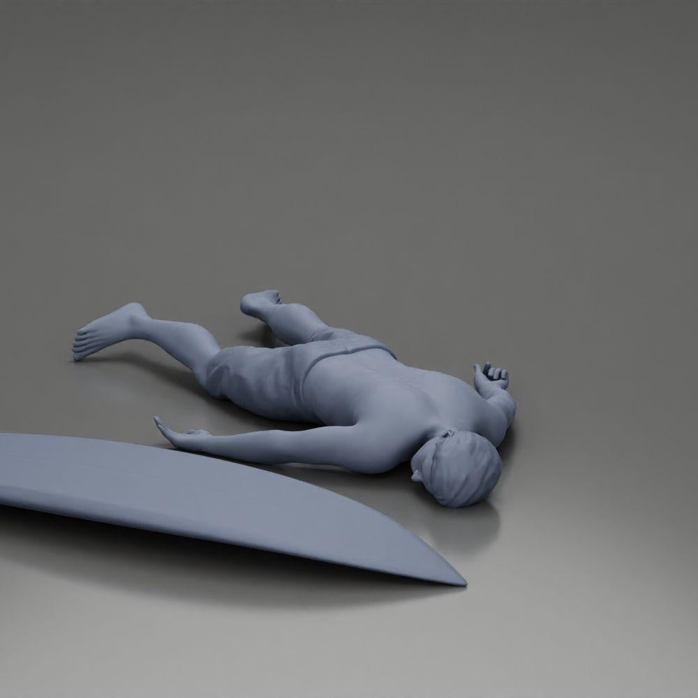 Diorama Modellbau Produktfoto 11: Diorama-Miniatur: Liegende Person bäuchlings neben Surfbrett mit Finnen (Ref Nr. A66)