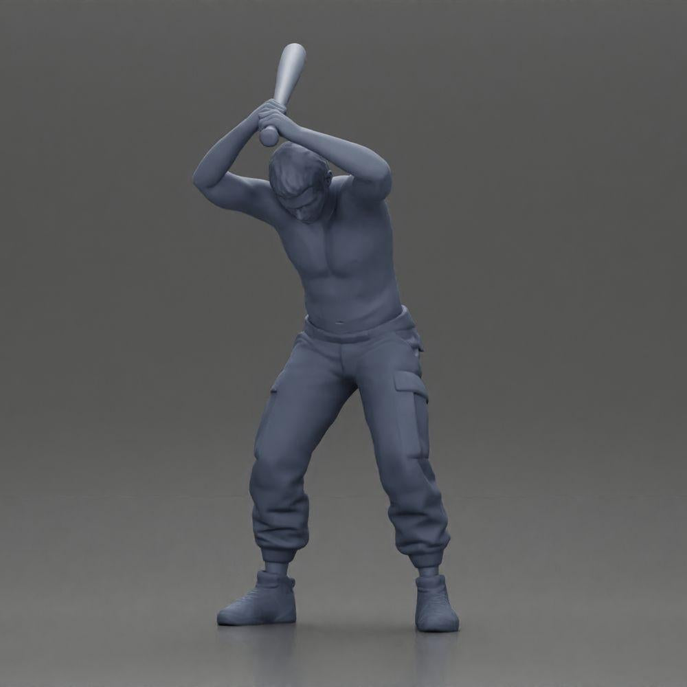 Diorama Modellbau Produktfoto 11: Stehende, oberkörperfreie Miniatur mit erhobenem Baseballschläger, aggressive Pose (Ref Nr. A89)