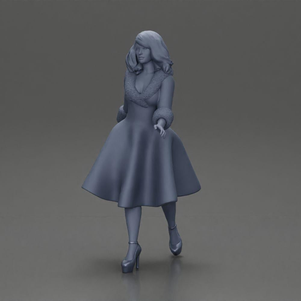 Diorama Modellbau Produktfoto 11: Diorama Figur: Miniaturfigur Frau im roten Kleid mit Pelzbesatz in schrittender Pose - Diorama (Ref Nr. A117)