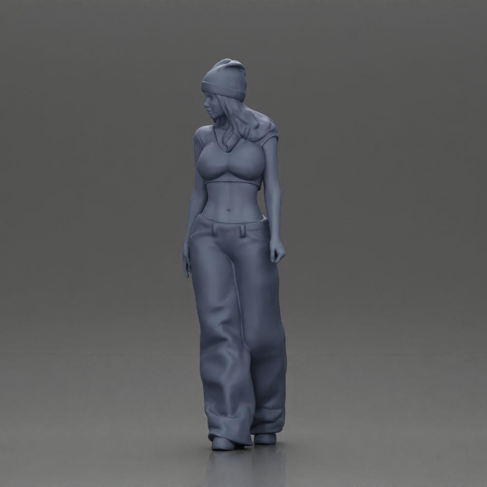 Diorama Modellbau Produktfoto 11: Miniatur-Figur: Hip-Hop Lowrider Frau mit Mütze, kurzem Top & Baggy-Hose (Ref Nr. A103)