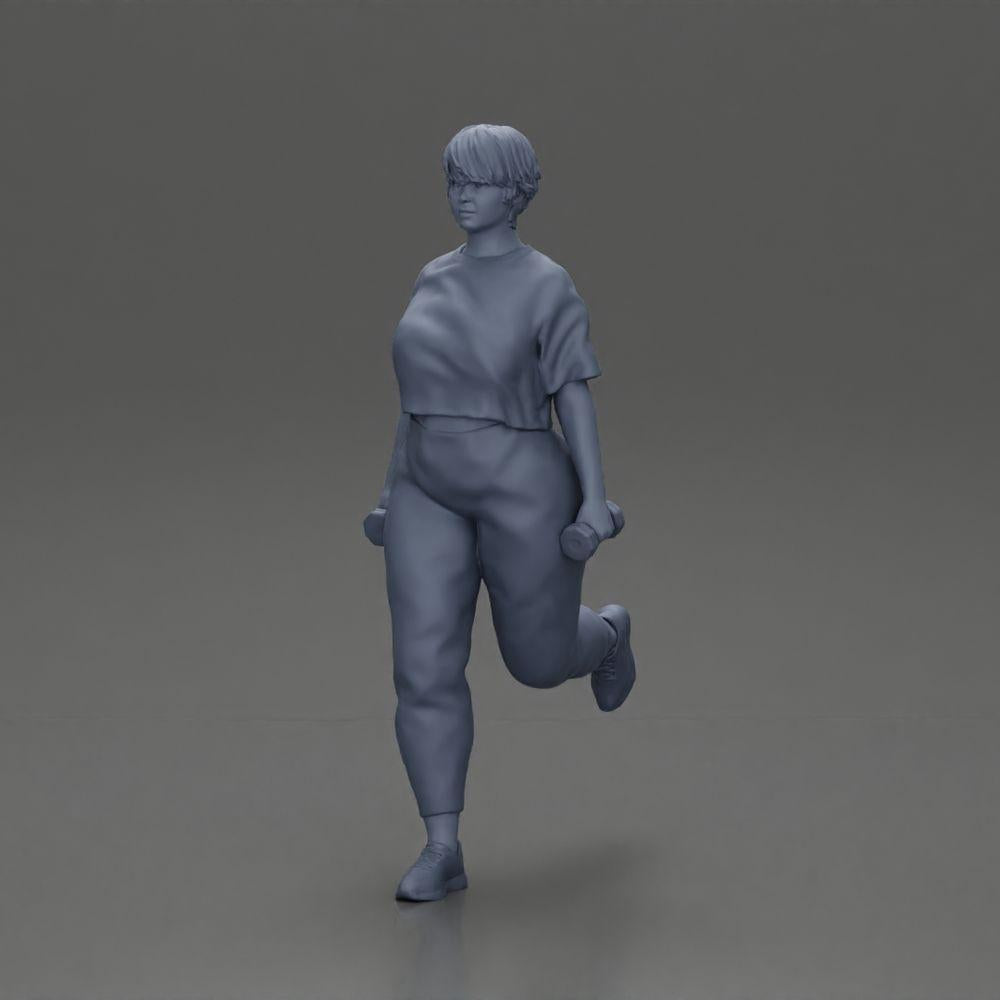 Diorama Modellbau Produktfoto 11: Dioramafigur: kräftige Frau im Fitness-Outfit, einbeinige Übung mit Kurzhanteln (Ref Nr. A105)