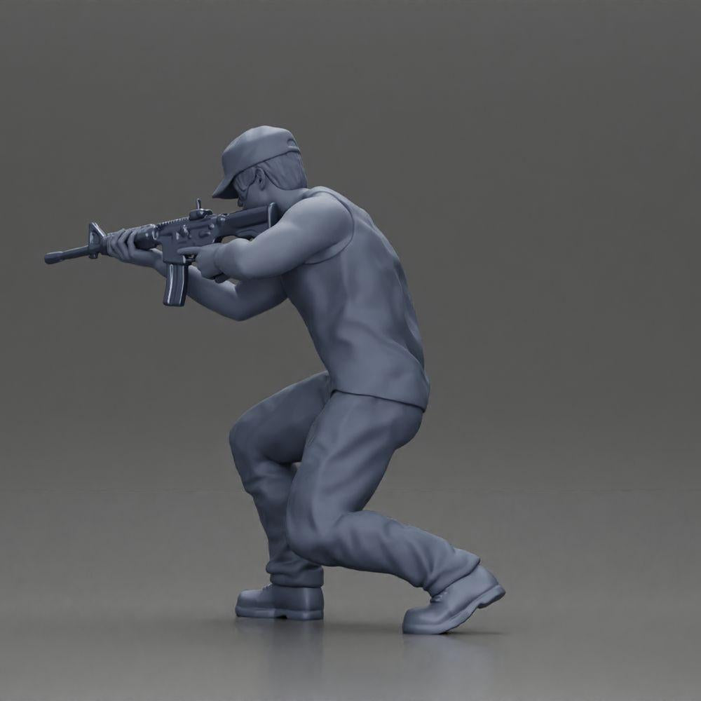 Diorama Modellbau Produktfoto 11: Diorama Figur: Kniende Miniaturfigur mit Gewehr - defensive Taktik-Pose für Diorama (Ref Nr. A140)