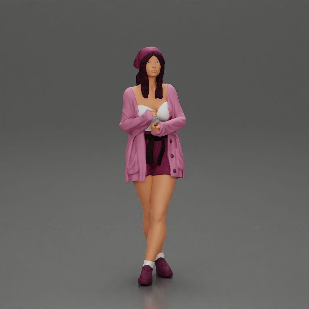 Diorama Modellbau Produktfoto 12: Weibliche Diorama-Figur in offener Strickjacke und kurzen Hosen mit Regenschirm (Ref Nr. A92)