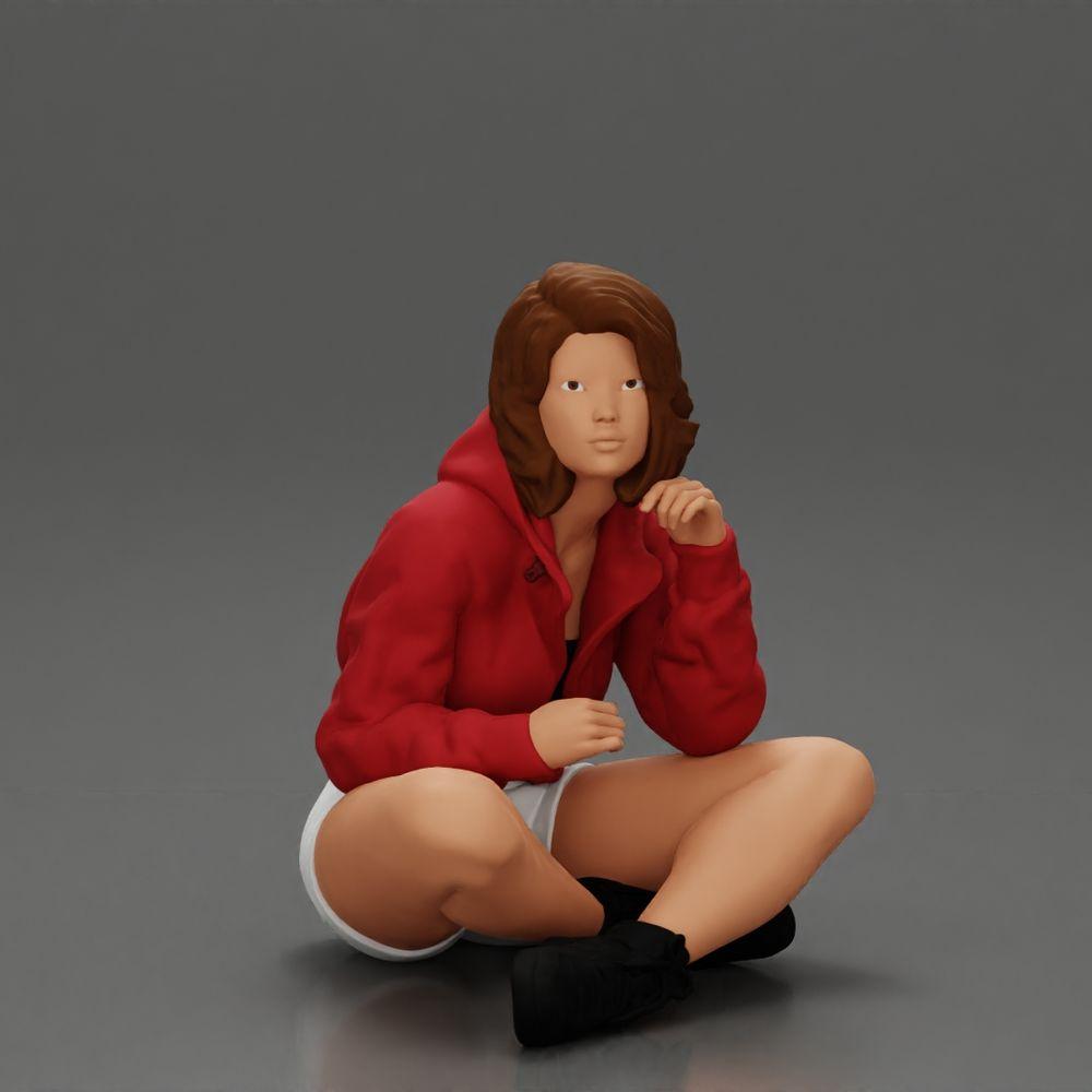 Diorama Modellbau Produktfoto 12: Diorama-Miniatur: Sitzende Frau in Jacke und Shorts mit offenem Regenschirm (Ref Nr. A85)