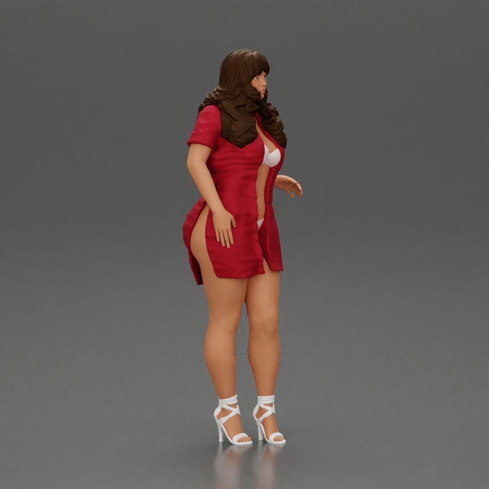 Diorama Modellbau Produktfoto 1: Diorama-Miniatur: Frau im roten langen Hemdkleid, weiße Akzente, hohe Sandaletten (Ref Nr. A126)