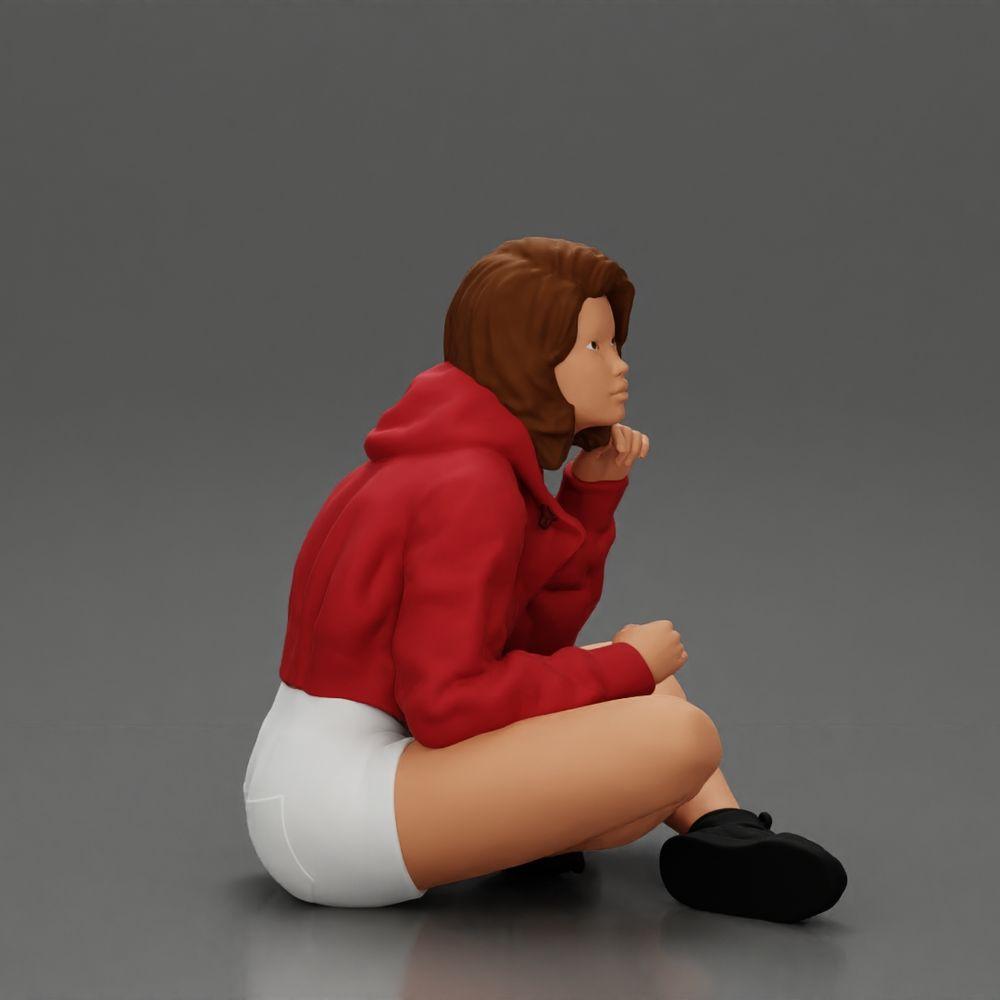Diorama Modellbau Produktfoto 13: Diorama-Miniatur: Sitzende Frau in Jacke und Shorts mit offenem Regenschirm (Ref Nr. A85)