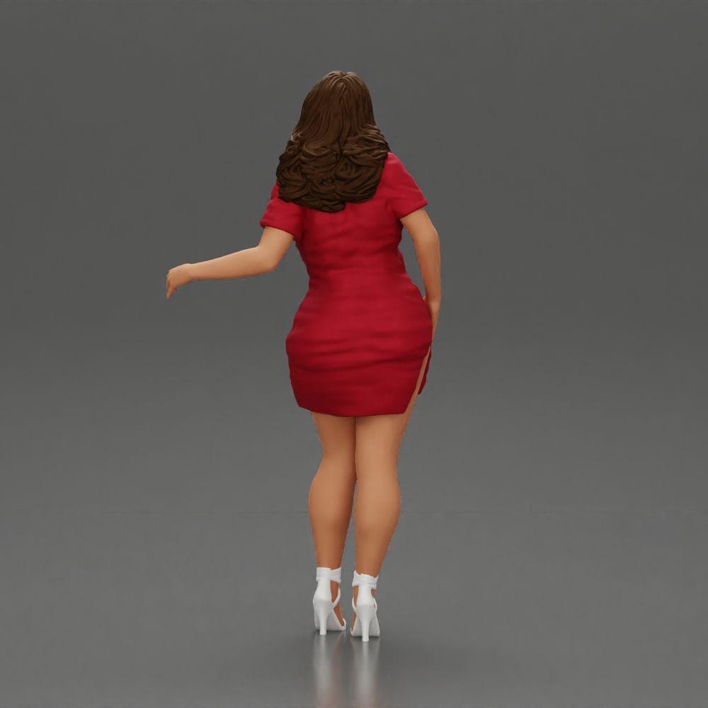 Diorama Modellbau Produktfoto 3: Diorama-Miniatur: Frau im roten langen Hemdkleid, weiße Akzente, hohe Sandaletten (Ref Nr. A126)
