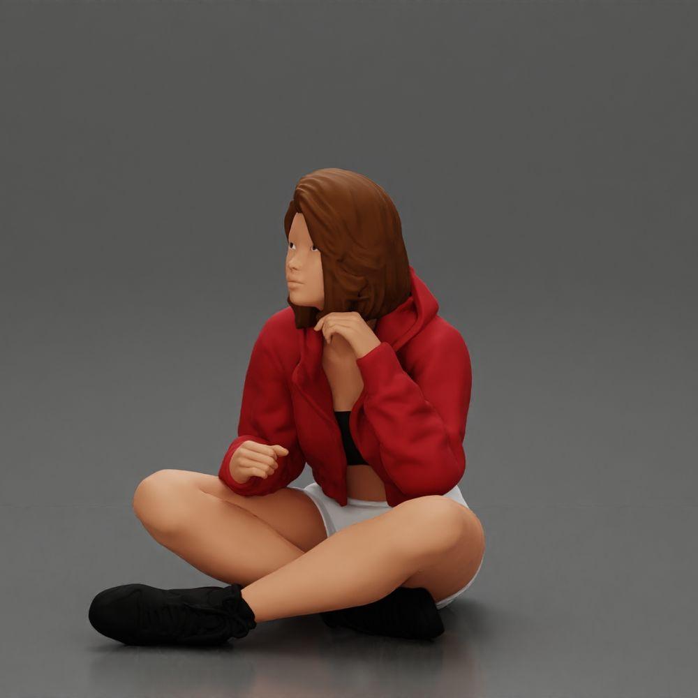 Diorama Modellbau Produktfoto 17: Diorama-Miniatur: Sitzende Frau in Jacke und Shorts mit offenem Regenschirm (Ref Nr. A85)