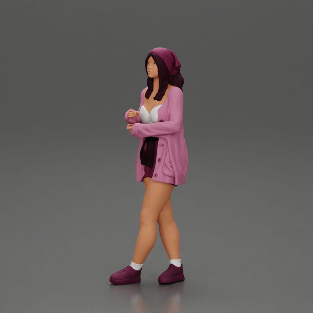 Diorama Modellbau Produktfoto 14: Weibliche Diorama-Figur in offener Strickjacke und kurzen Hosen mit Regenschirm (Ref Nr. A92)