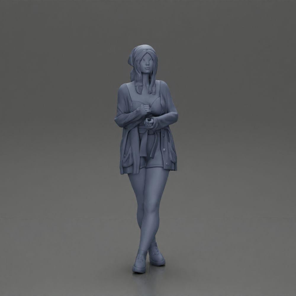 Diorama Modellbau Produktfoto 15: Weibliche Diorama-Figur in offener Strickjacke und kurzen Hosen mit Regenschirm (Ref Nr. A92)