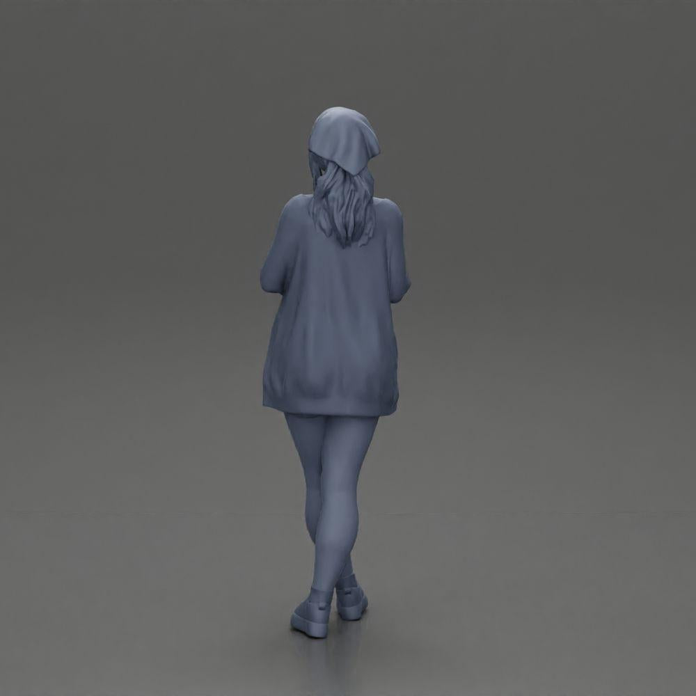 Diorama Modellbau Produktfoto 16: Weibliche Diorama-Figur in offener Strickjacke und kurzen Hosen mit Regenschirm (Ref Nr. A92)
