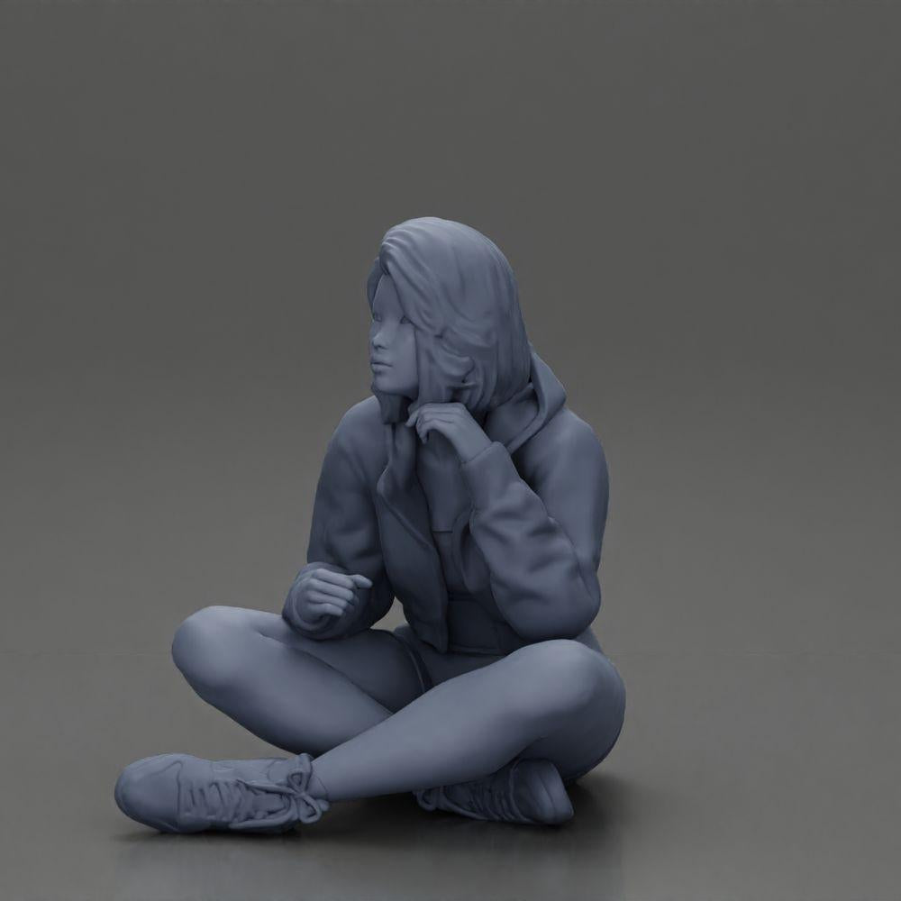 Diorama Modellbau Produktfoto 20: Diorama-Miniatur: Sitzende Frau in Jacke und Shorts mit offenem Regenschirm (Ref Nr. A85)