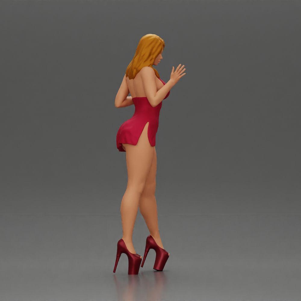 Diorama Modellbau Produktfoto 1: Diorama-Frauenfigur: Elegante stehende Frau im roten Kleid mit Plateauschuhen (Ref Nr. A134)