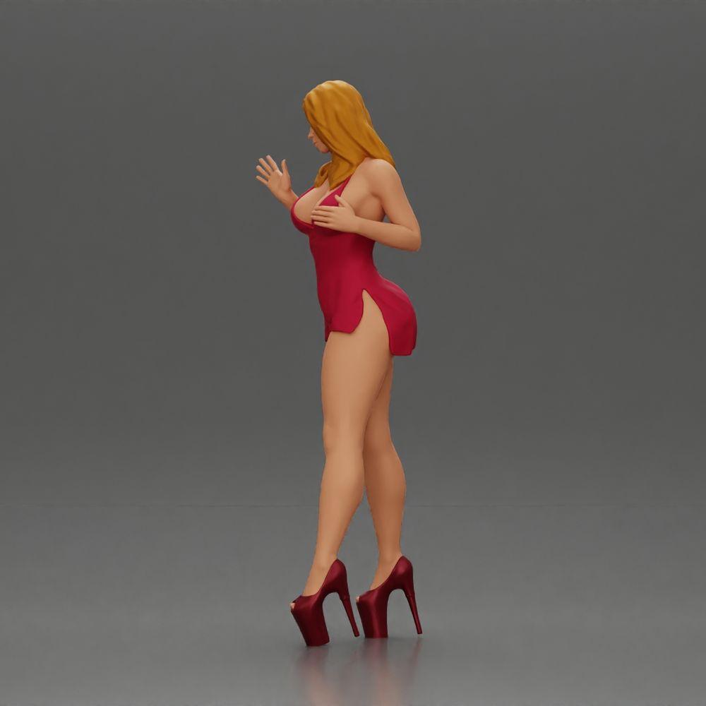 Diorama Modellbau Produktfoto 4: Diorama-Frauenfigur: Elegante stehende Frau im roten Kleid mit Plateauschuhen (Ref Nr. A134)
