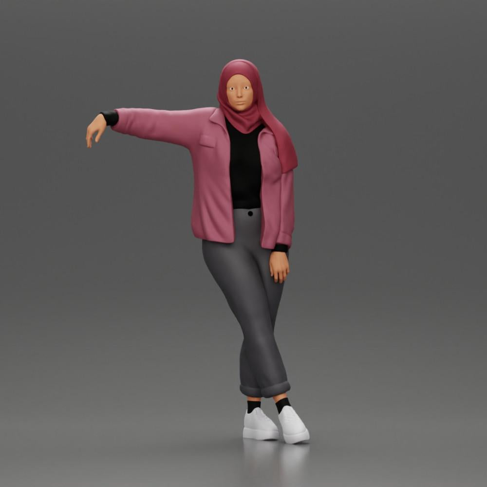 Diorama Modellbau Produktfoto 0: Diorama-Figur Frau mit Kopftuch und Jacke, am Auto lehnend, Arm ausgestreckt (Ref Nr. A59)
