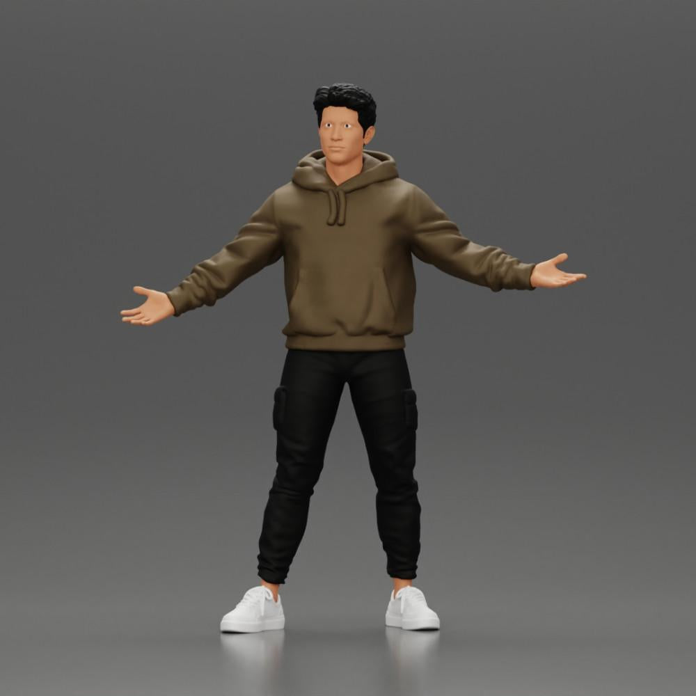 Diorama Modellbau Produktfoto 0: Miniaturfigur Asiatischer Mann in Kapuzenpullover, Arme seitlich erhoben (Ref Nr. A60)