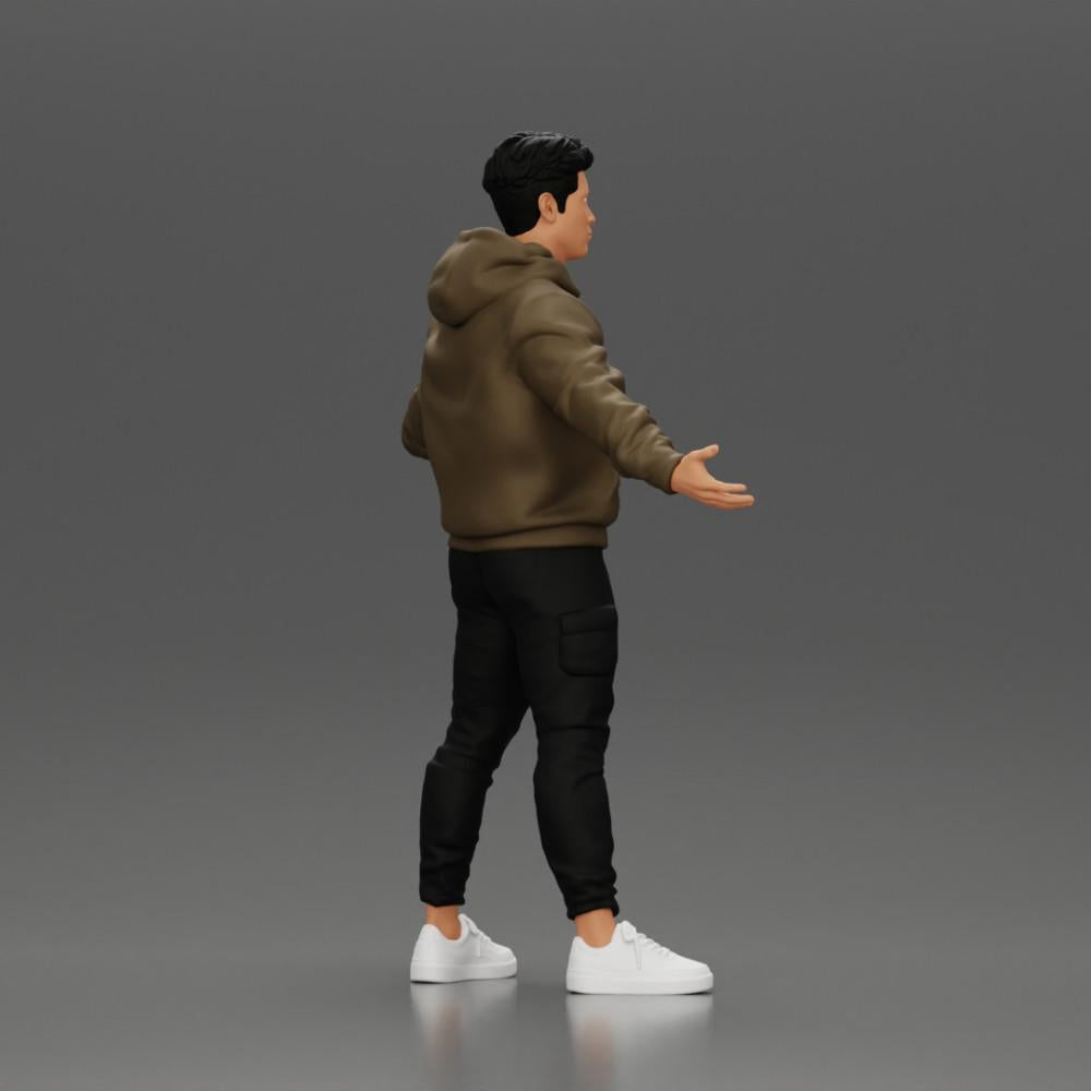 Diorama Modellbau Produktfoto 2: Miniaturfigur Asiatischer Mann in Kapuzenpullover, Arme seitlich erhoben (Ref Nr. A60)