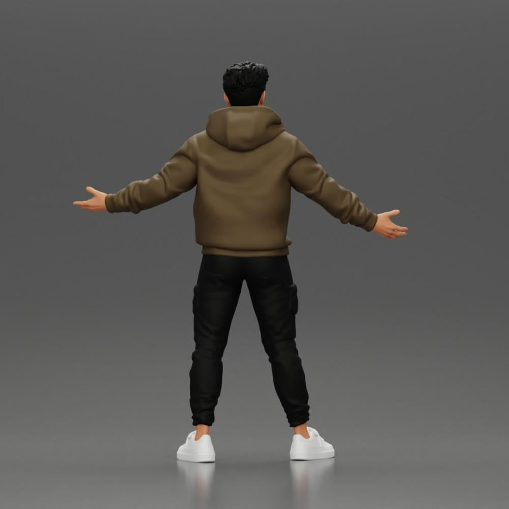 Diorama Modellbau Produktfoto 3: Miniaturfigur Asiatischer Mann in Kapuzenpullover, Arme seitlich erhoben (Ref Nr. A60)