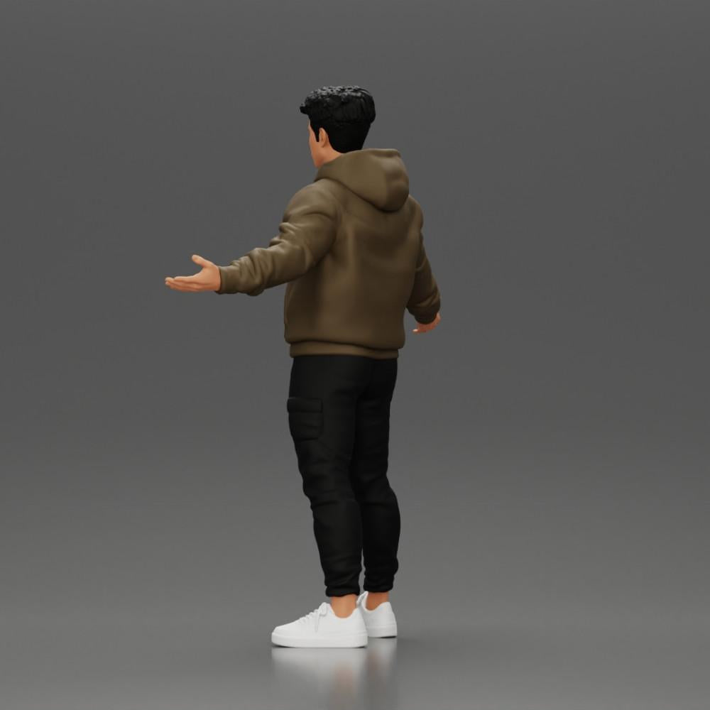Diorama Modellbau Produktfoto 4: Miniaturfigur Asiatischer Mann in Kapuzenpullover, Arme seitlich erhoben (Ref Nr. A60)