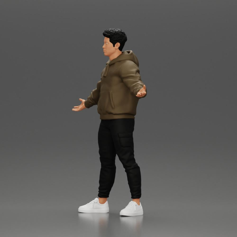 Diorama Modellbau Produktfoto 5: Miniaturfigur Asiatischer Mann in Kapuzenpullover, Arme seitlich erhoben (Ref Nr. A60)