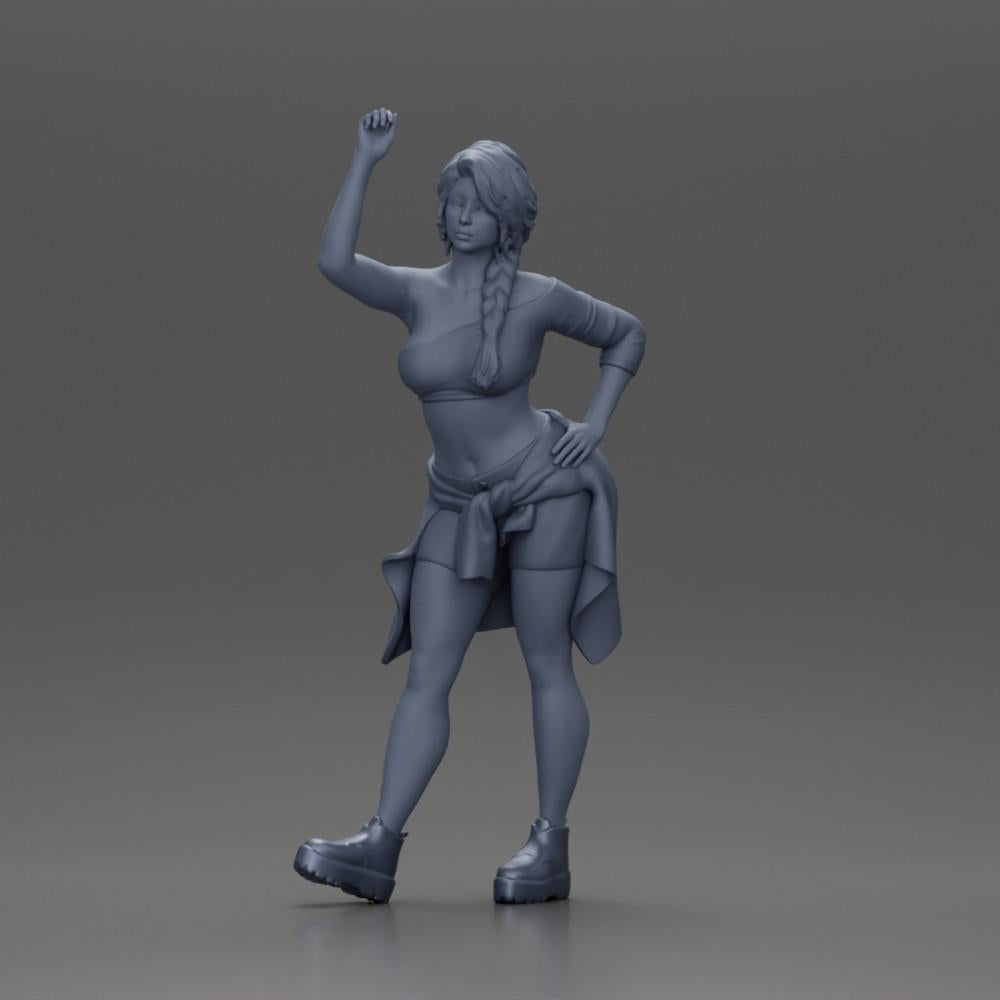 Diorama Modellbau Produktfoto 6: Miniaturfigur: Mädchen in Top & Shorts, Shirt um Hüfte gebunden, Arm erhoben (Ref Nr. A56)