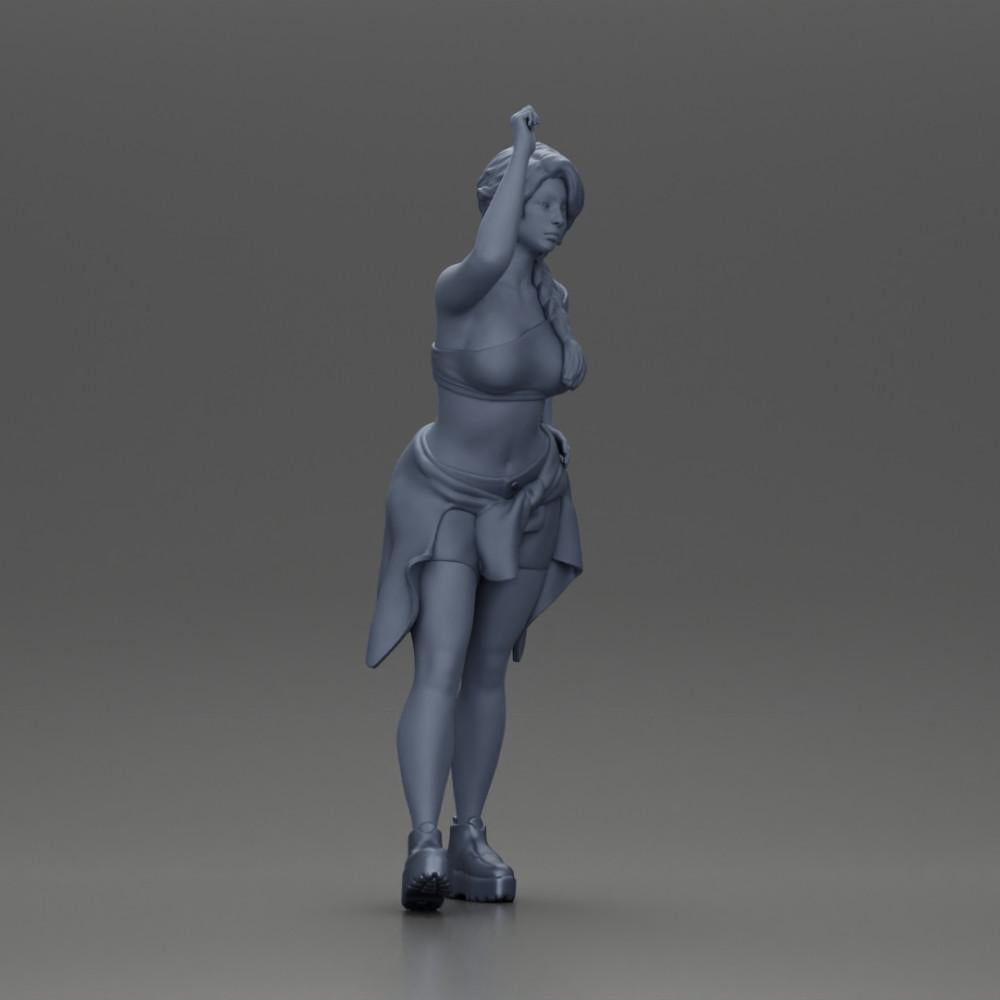 Diorama Modellbau Produktfoto 7: Miniaturfigur: Mädchen in Top & Shorts, Shirt um Hüfte gebunden, Arm erhoben (Ref Nr. A56)