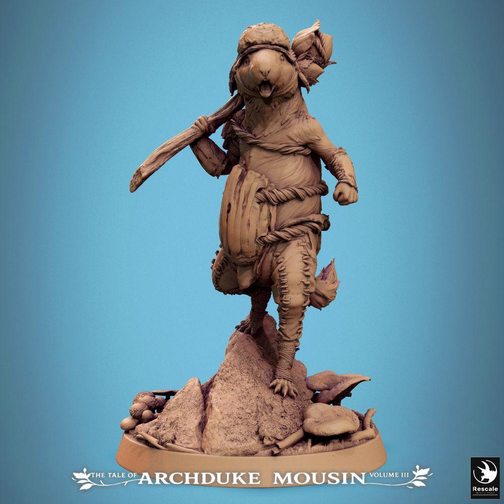 Produktfoto Tabletop 28mm Lord of the Print (LotP) 0: Tabletop Miniatur: Nagermensch Krieger / Rattenmensch Waldläufer, Barbar mit Keule, rufender Anführer auf Fels-Base (25_07_L7)