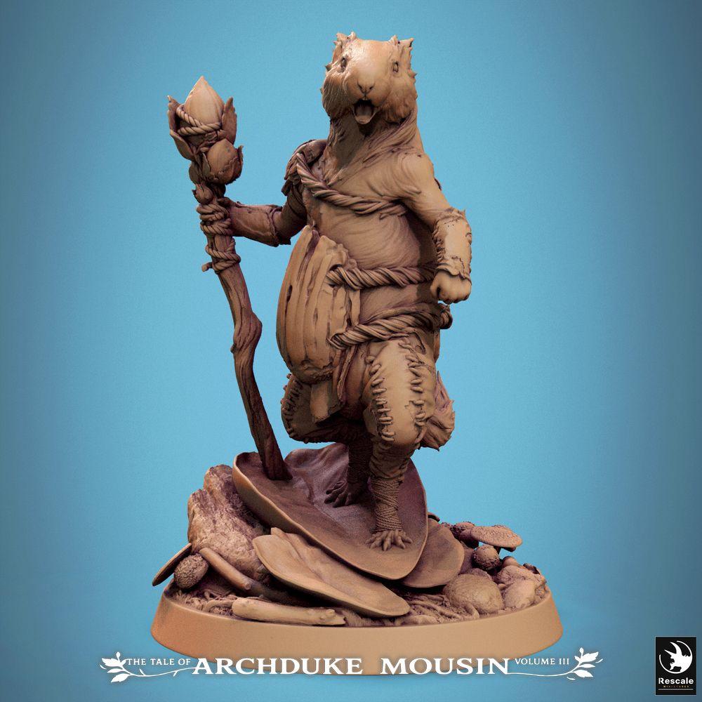 Produktfoto Tabletop 28mm Lord of the Print (LotP) 0: Tabletop Miniatur: Lemming-Druide und Waldschamane, Nagervolk-Anführer mit Zauberstab auf szenischer Wald-Base (25_07_L9)